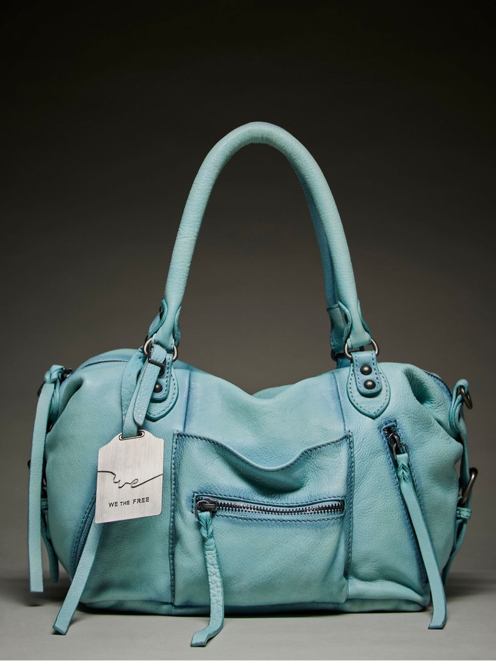 We The Free Free People Washed Sail Aqua Leather Baby Emerson Tote Bag Purse